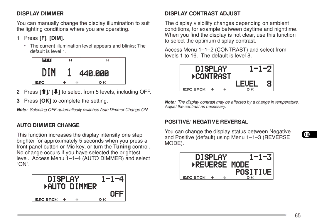Kenwood TM-D700 E Display Dimmer, Auto Dimmer Change Display Contrast Adjust, POSITIVE/ Negative Reversal 
