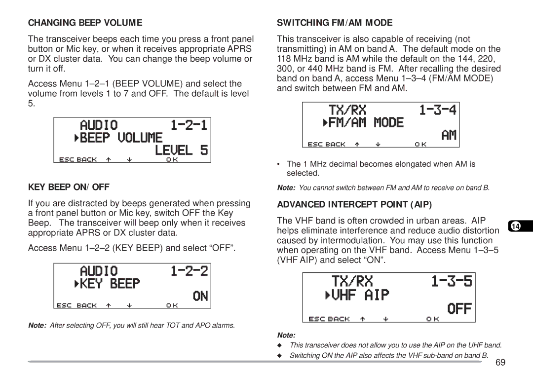 Kenwood TM-D700 E Changing Beep Volume, Switching FM/AM Mode, KEY Beep ON/ OFF, Advanced Intercept Point AIP 