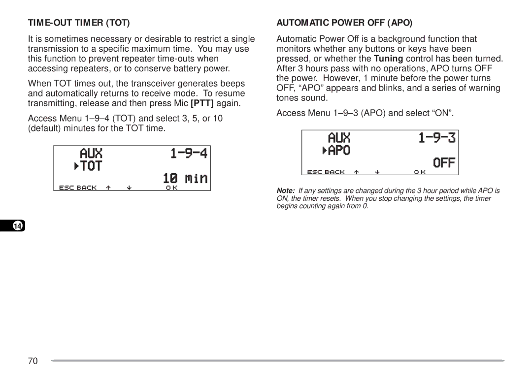 Kenwood TM-D700 E instruction manual TIME-OUT Timer TOT, Automatic Power OFF APO 