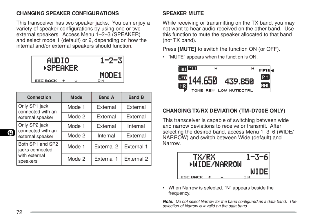 Kenwood TM-D700 E instruction manual Changing Speaker Configurations, Speaker Mute, Changing TX/RX Deviation TM-D700E only 