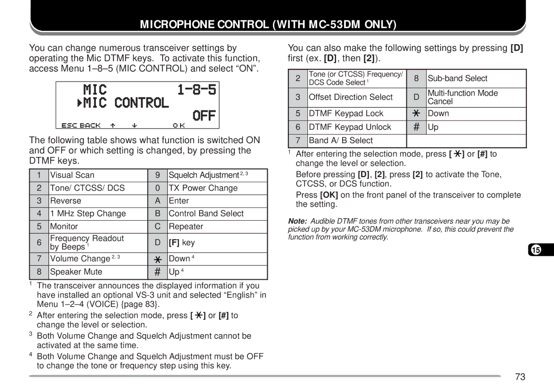 Kenwood TM-D700 E instruction manual Microphone Control with MC-53DM only 