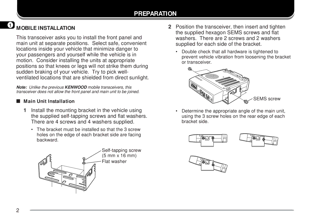 Kenwood TM-D700 E instruction manual Preparation, Mobile Installation, Main Unit Installation 