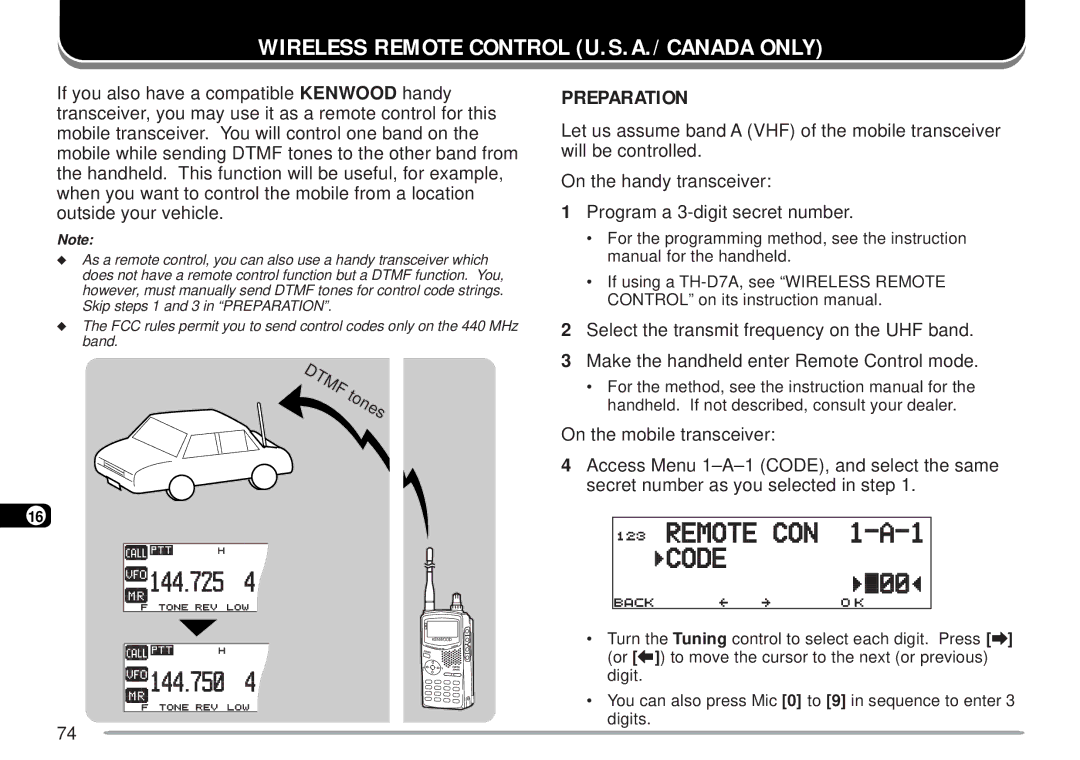 Kenwood TM-D700 E instruction manual Wireless Remote Control U.S.A./ Canada only, Preparation 