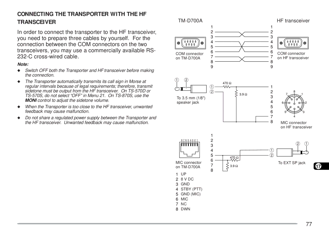 Kenwood TM-D700 E instruction manual Connecting the Transporter with the HF Transceiver, TM-D700A 