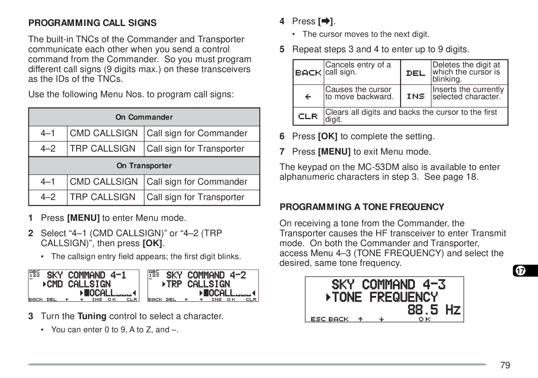 Kenwood TM-D700 E instruction manual Programming Call Signs, Programming a Tone Frequency, On Commander, On Transporter 