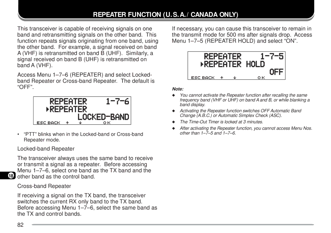 Kenwood TM-D700 E instruction manual Repeater Function U.S.A./ Canada only 