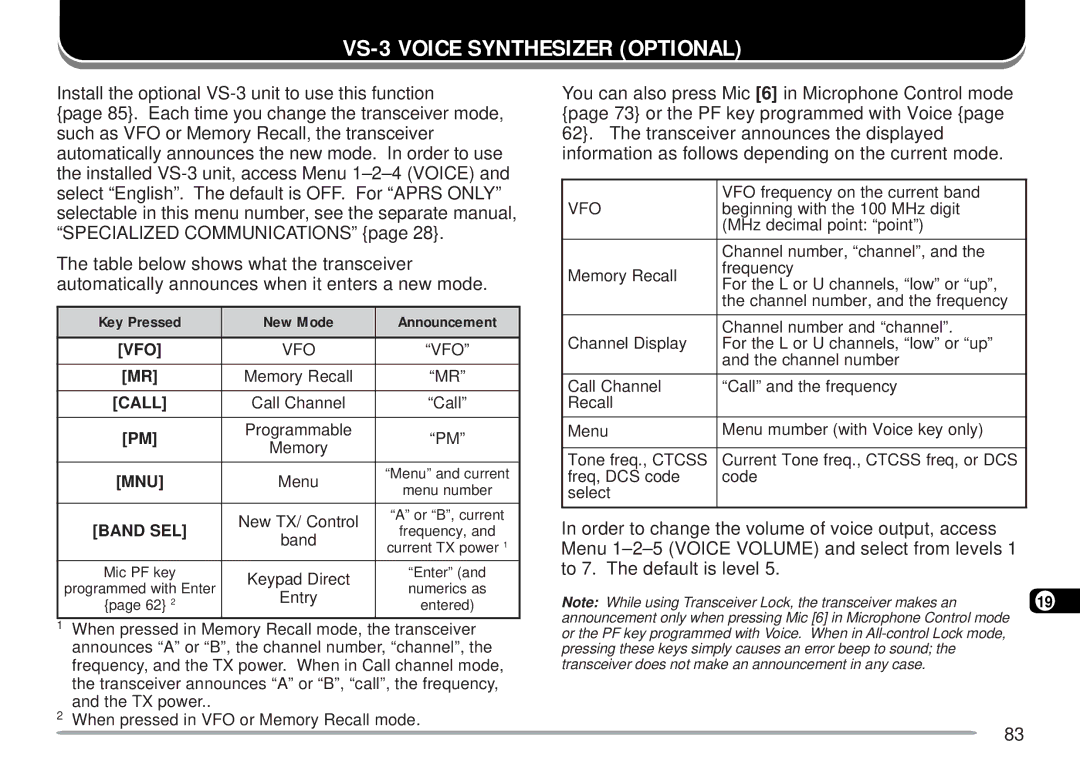 Kenwood TM-D700 E instruction manual VS-3 Voice Synthesizer Optional, Band SEL 