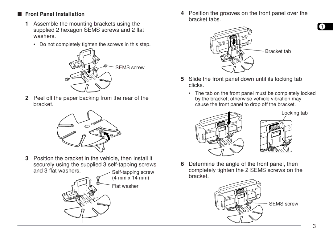 Kenwood TM-D700 E instruction manual Front Panel Installation, Slide the front panel down until its locking tab clicks 