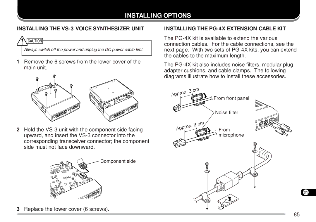 Kenwood TM-D700 E Installing Options, Installing the PG-4X Extension Cable KIT, Replace the lower cover 6 screws 