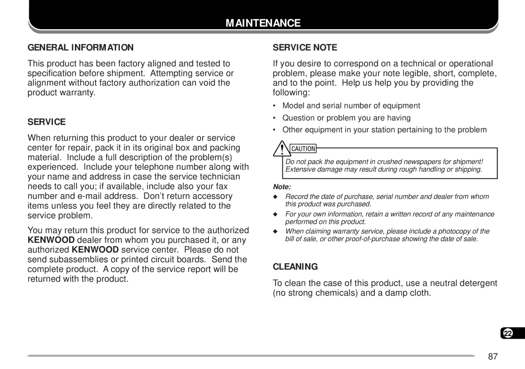 Kenwood TM-D700 E instruction manual Maintenance, General Information, Service Note, Cleaning 