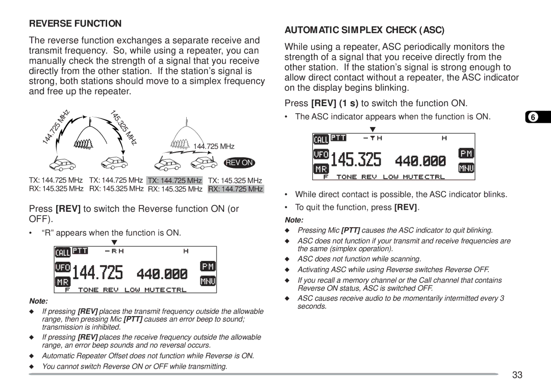 Kenwood TM-D700E Reverse Function, Automatic Simplex Check ASC, Press REV to switch the Reverse function on or OFF 