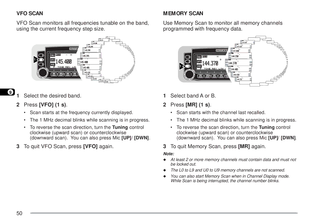 Kenwood TM-D700A, TM-D700E instruction manual VFO Scan, Memory Scan, Press VFO 1 s, Select band a or B, Press MR 1 s 