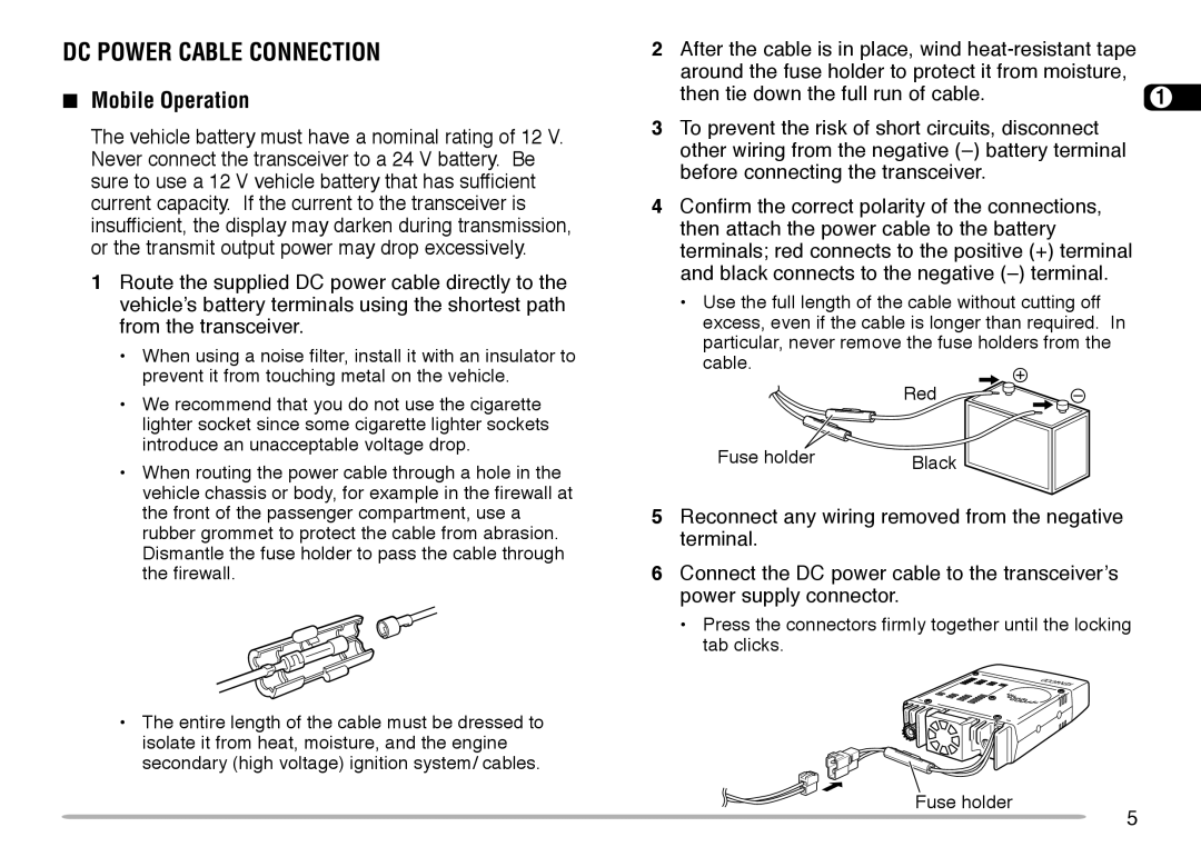 Kenwood TM-V708A instruction manual DC Power Cable Connection, Mobile Operation 