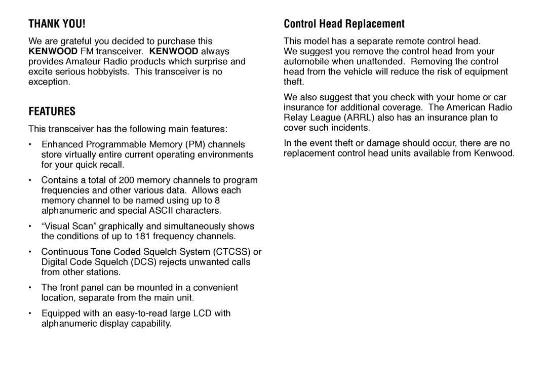 Kenwood TM-V708A instruction manual Thank YOU, Features 