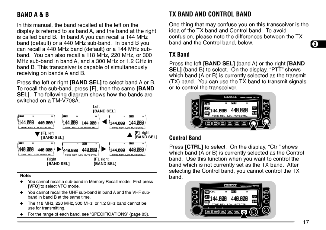 Kenwood TM-V708A instruction manual Band a & B, TX Band and Control Band 