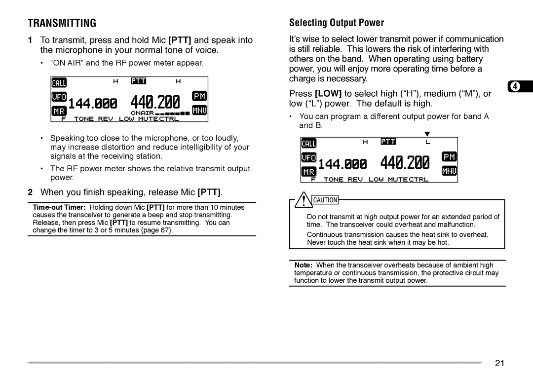 Kenwood TM-V708A instruction manual Transmitting, Selecting Output Power, When you finish speaking, release Mic PTT 