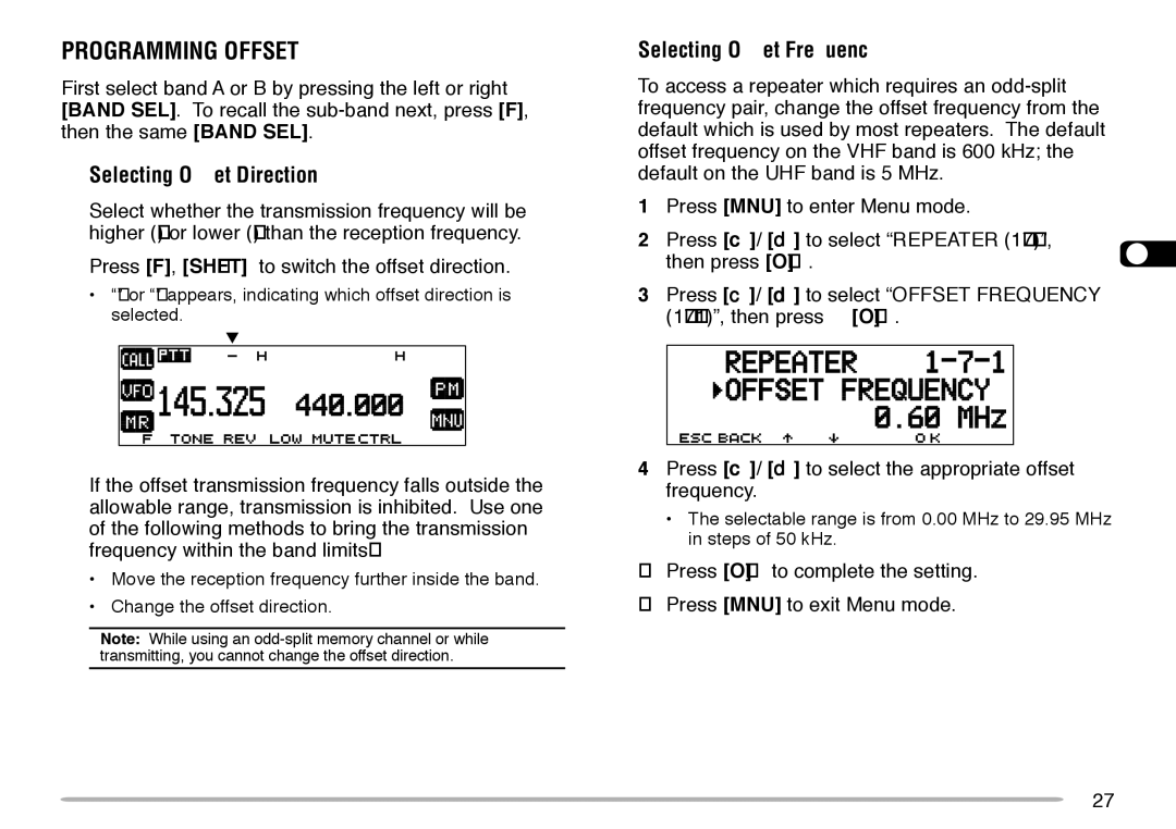 Kenwood TM-V708A instruction manual Programming Offset, Selecting Offset Direction, Selecting Offset Frequency 