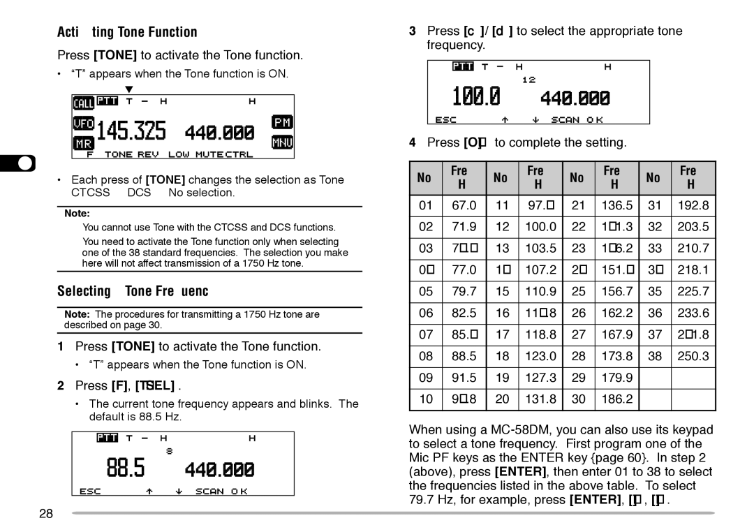 Kenwood TM-V708A Activating Tone Function, Selecting a Tone Frequency, Press Tone to activate the Tone function 