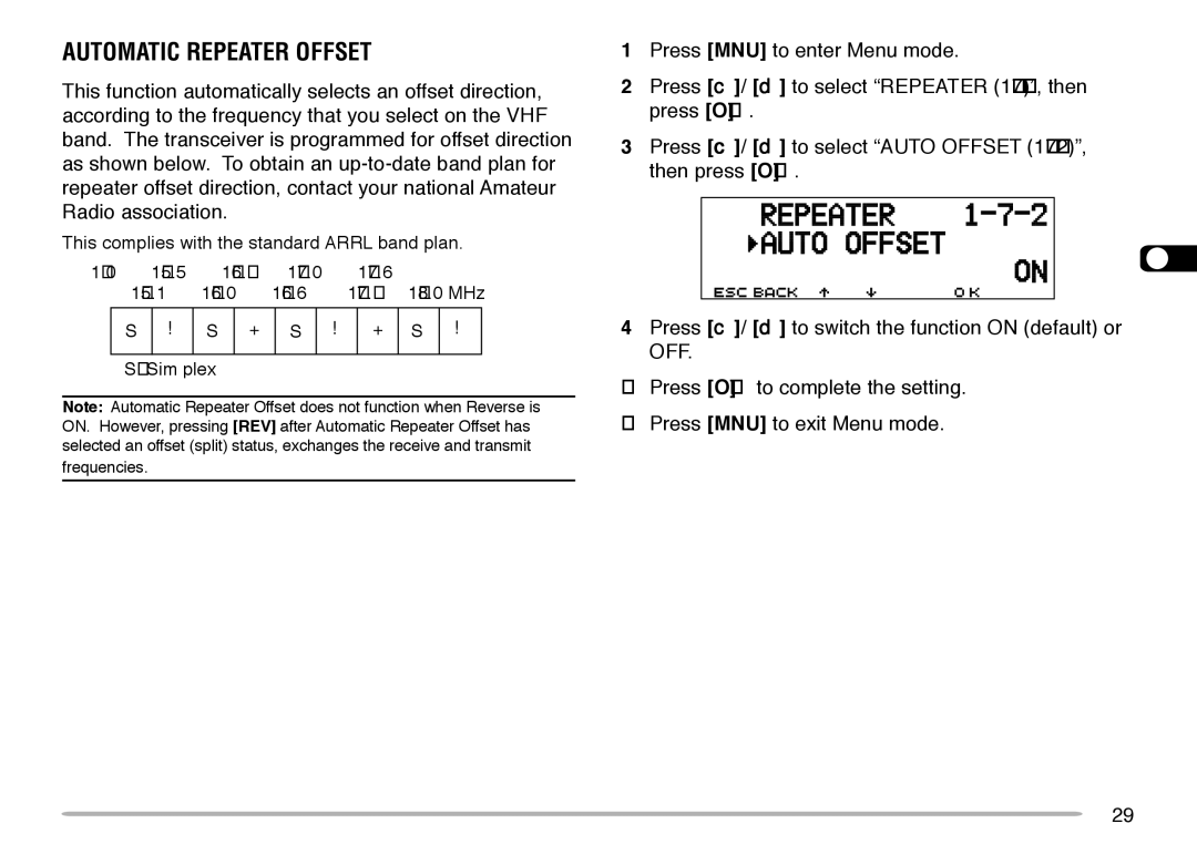 Kenwood TM-V708A instruction manual Automatic Repeater Offset 