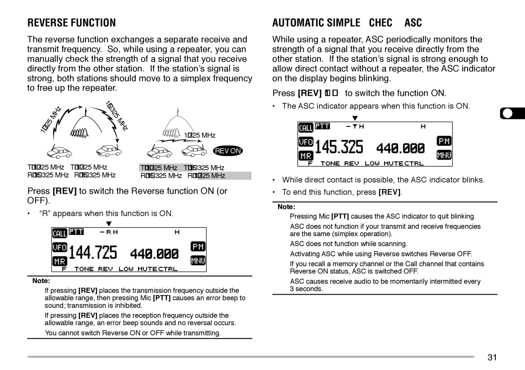 Kenwood TM-V708A Reverse Function, Automatic Simplex Check ASC, Press REV to switch the Reverse function on or OFF 