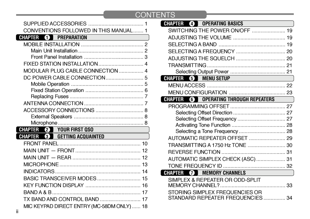 Kenwood TM-V708A instruction manual Contents 