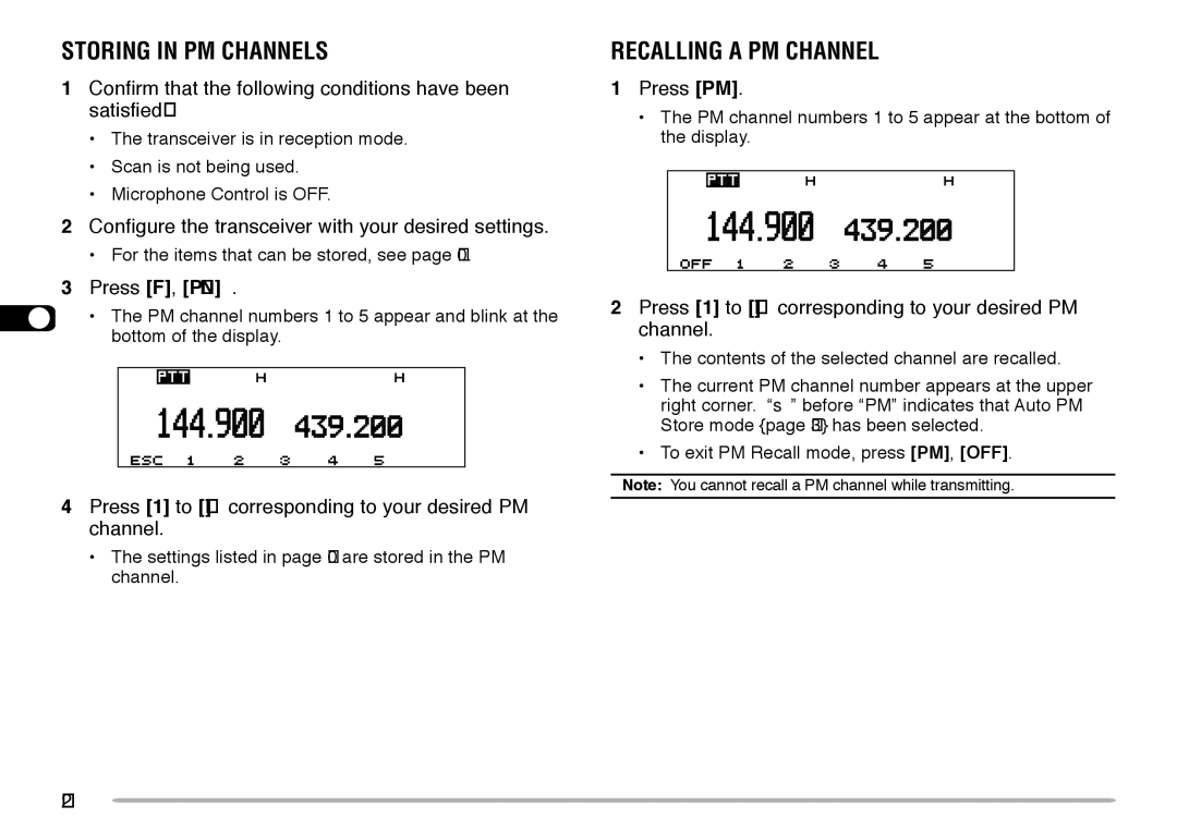 Kenwood TM-V708A instruction manual Storing in PM Channels, Recalling a PM Channel, Press F, P.IN 