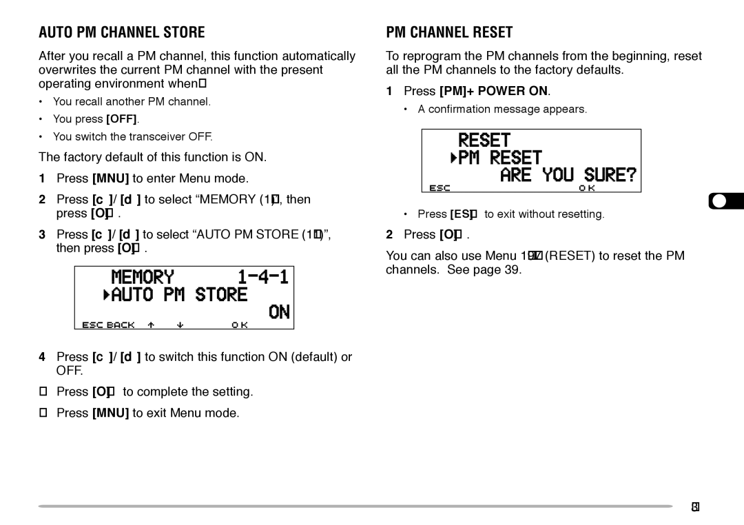 Kenwood TM-V708A instruction manual Auto PM Channel Store, PM Channel Reset, Press PM+ Power on 