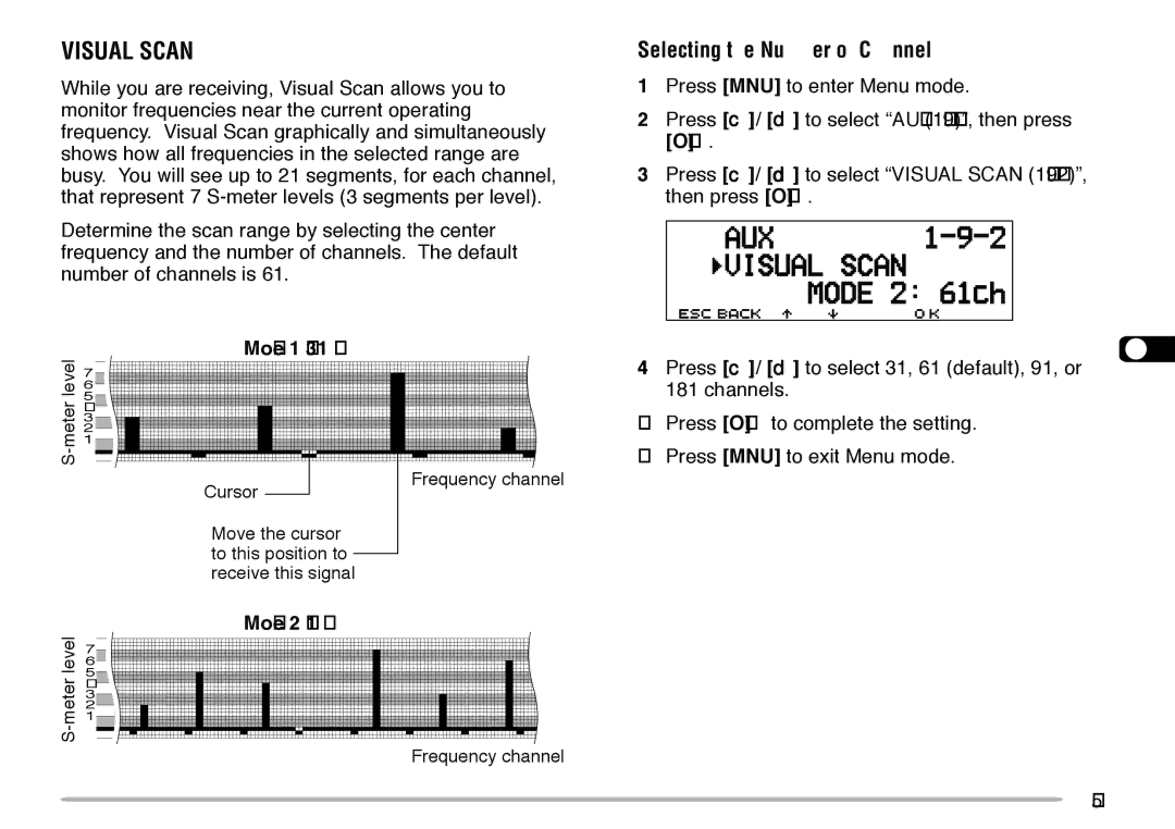 Kenwood TM-V708A instruction manual Visual Scan, Mode 1 31 ch, Mode 2 61 ch, Selecting the Number of Channels 