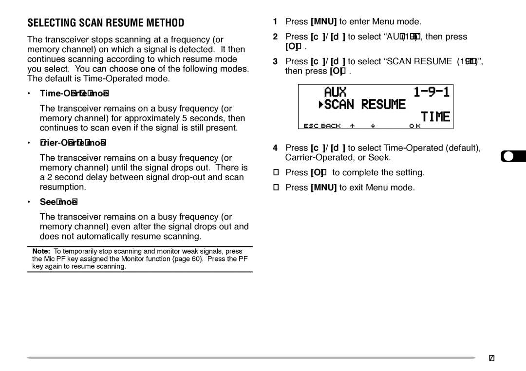 Kenwood TM-V708A instruction manual Selecting Scan Resume Method, Time-Operated mode, Carrier-Operated mode, Seek mode 