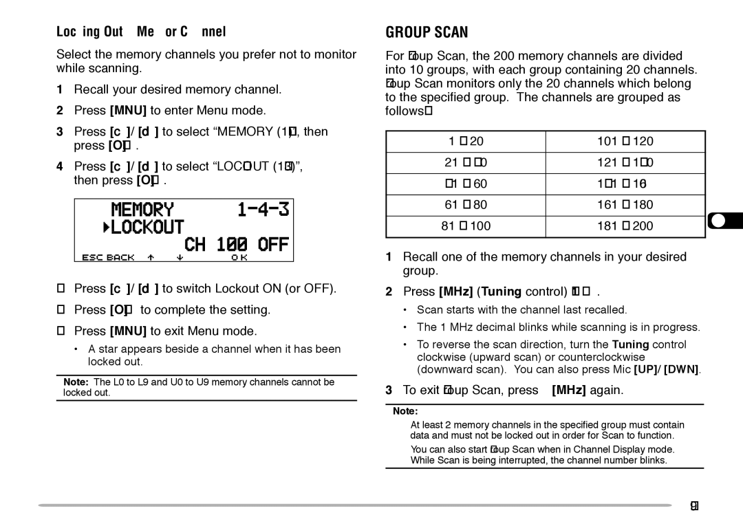 Kenwood TM-V708A instruction manual Group Scan, Locking Out a Memory Channel, Press MHz Tuning control 1 s 