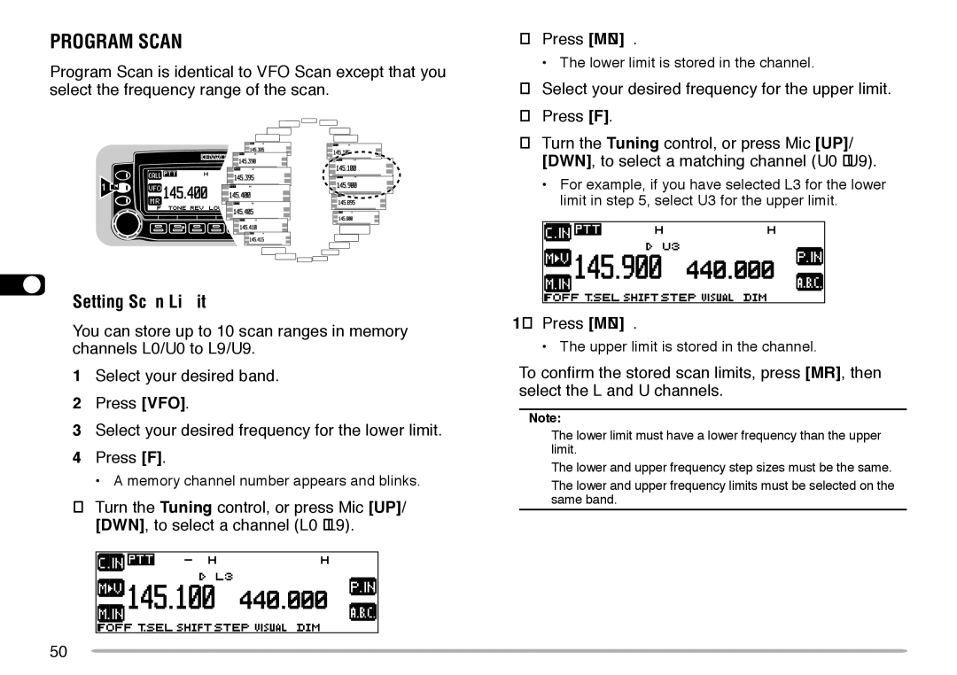 Kenwood TM-V708A Program Scan, Setting Scan Limits, Select your desired frequency for the lower limit Press F 