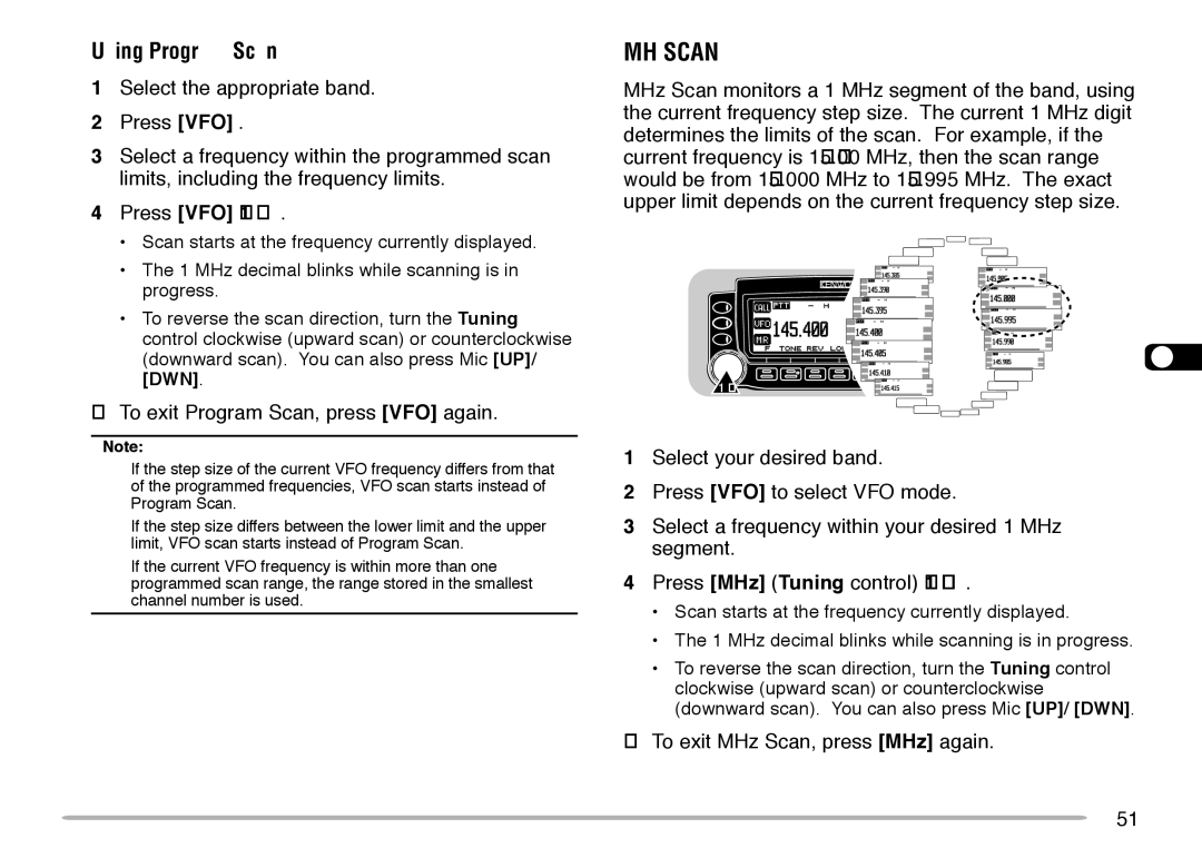 Kenwood TM-V708A instruction manual Using Program Scan, Select the appropriate band, To exit Program Scan, press VFO again 