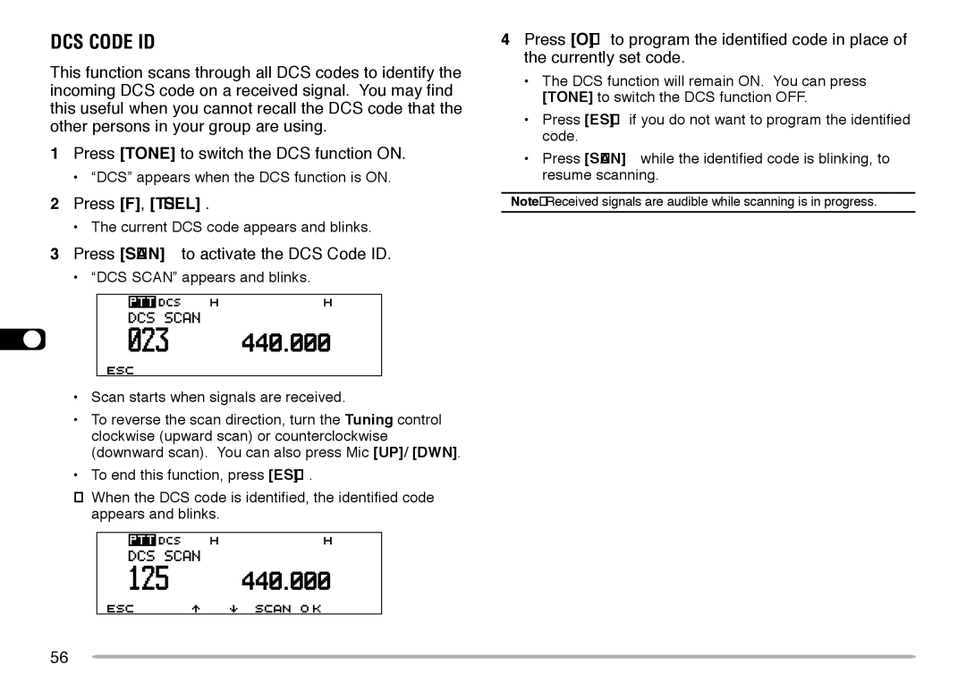 Kenwood TM-V708A instruction manual Press Scan to activate the DCS Code ID 