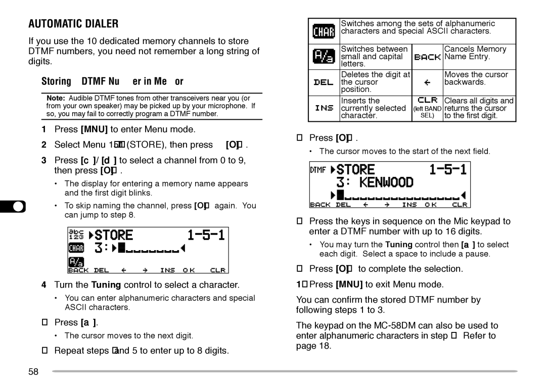 Kenwood TM-V708A Automatic Dialer, Storing a Dtmf Number in Memory, Turn the Tuning control to select a character 