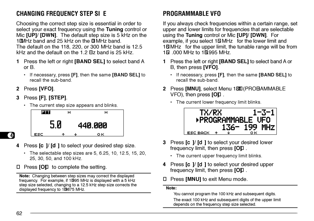 Kenwood TM-V708A instruction manual Changing Frequency Step Size, Programmable VFO, Press VFO Press F, Step 