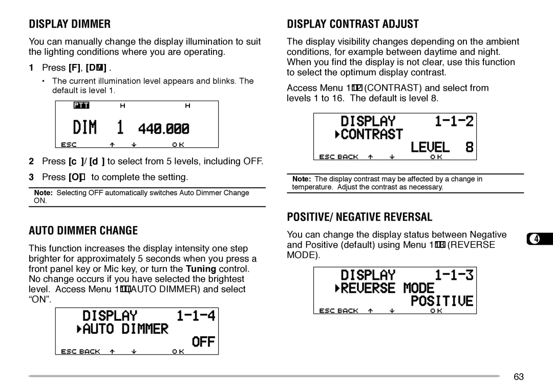 Kenwood TM-V708A Display Dimmer, Display Contrast Adjust, Auto Dimmer Change, POSITIVE/ Negative Reversal 