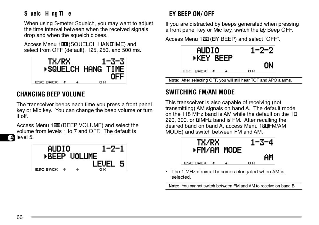 Kenwood TM-V708A instruction manual Changing Beep Volume, KEY Beep ON/ OFF, Switching FM/AM Mode, Squelch Hang Time 