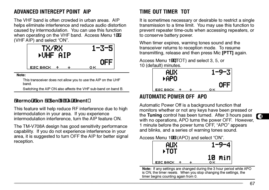 Kenwood TM-V708A instruction manual Advanced Intercept Point AIP, TIME-OUT Timer TOT, Automatic Power OFF APO 