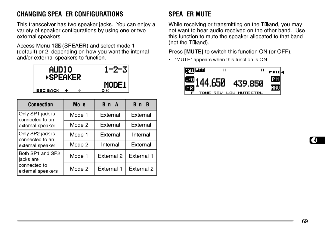 Kenwood TM-V708A instruction manual Changing Speaker Configurations, Speaker Mute, Connection Mode Band a Band B 