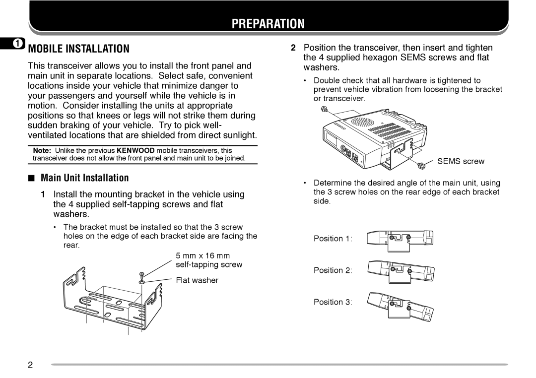 Kenwood TM-V708A instruction manual Preparation, Mobile Installation, Main Unit Installation 