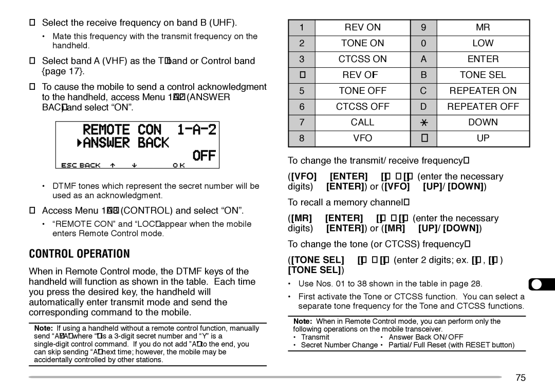 Kenwood TM-V708A Control Operation, Select the receive frequency on band B UHF, Access Menu 1-A-3 Control and select on 