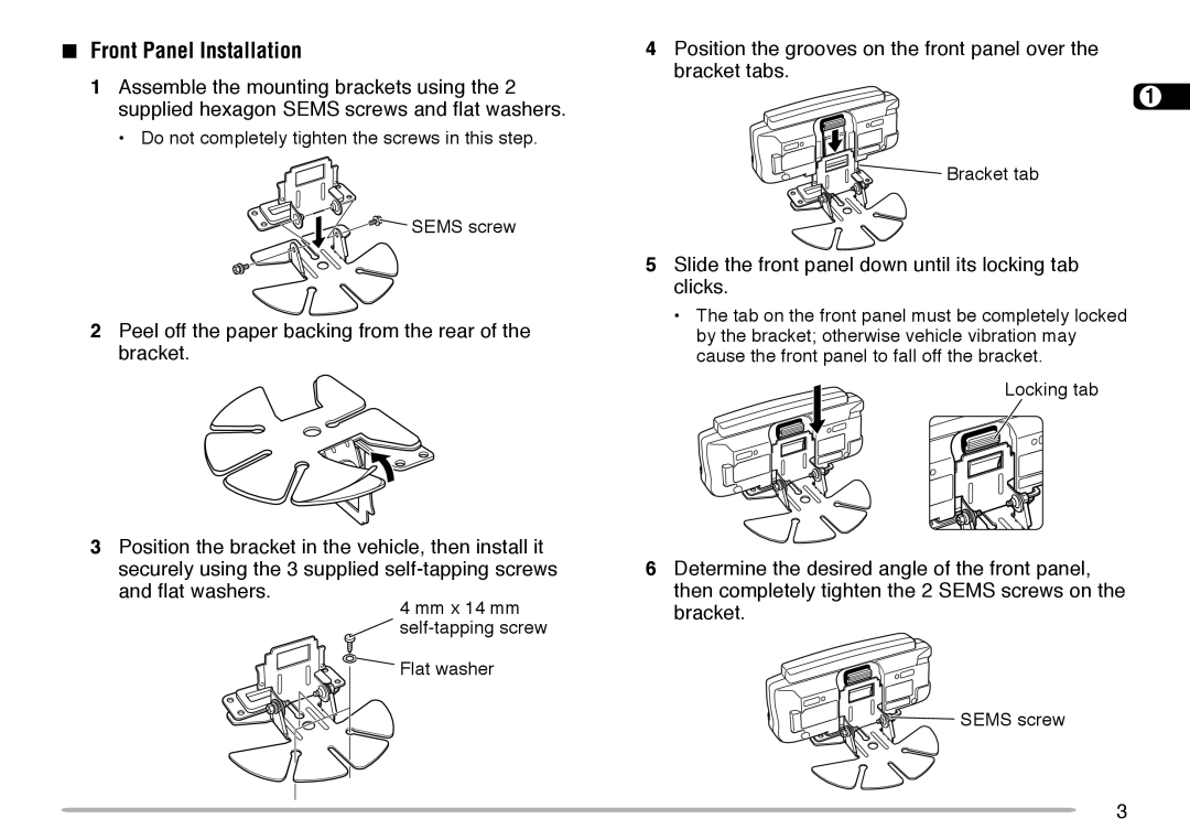 Kenwood TM-V708A instruction manual Front Panel Installation, Slide the front panel down until its locking tab clicks 