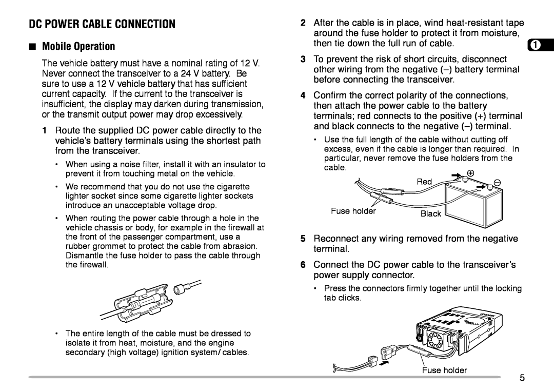 Kenwood TM-V708A instruction manual Dc Power Cable Connection, Mobile Operation 