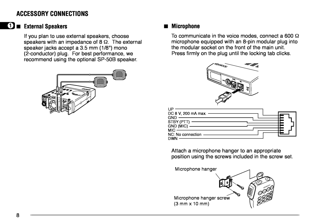 Kenwood TM-V708A instruction manual Accessory Connections, External Speakers, Microphone 