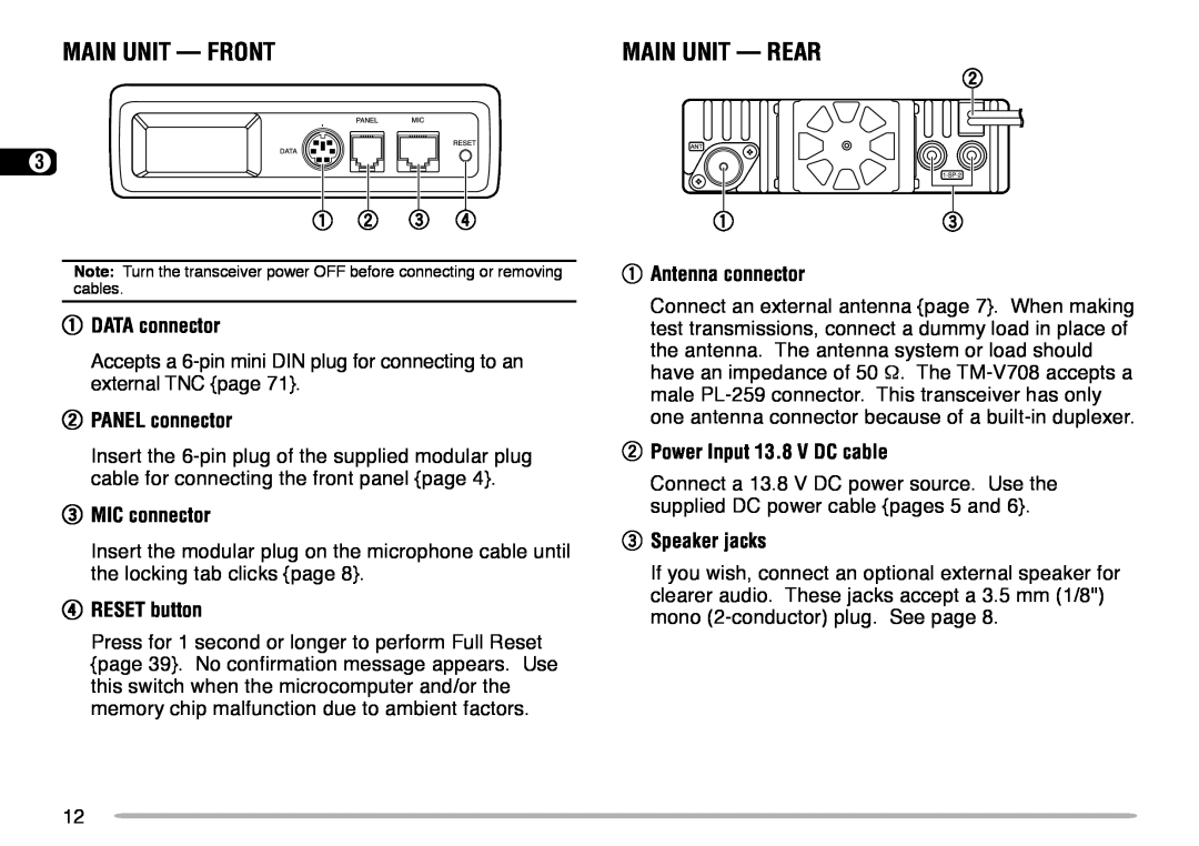 Kenwood TM-V708A instruction manual Main Unit — Front, Main Unit — Rear 