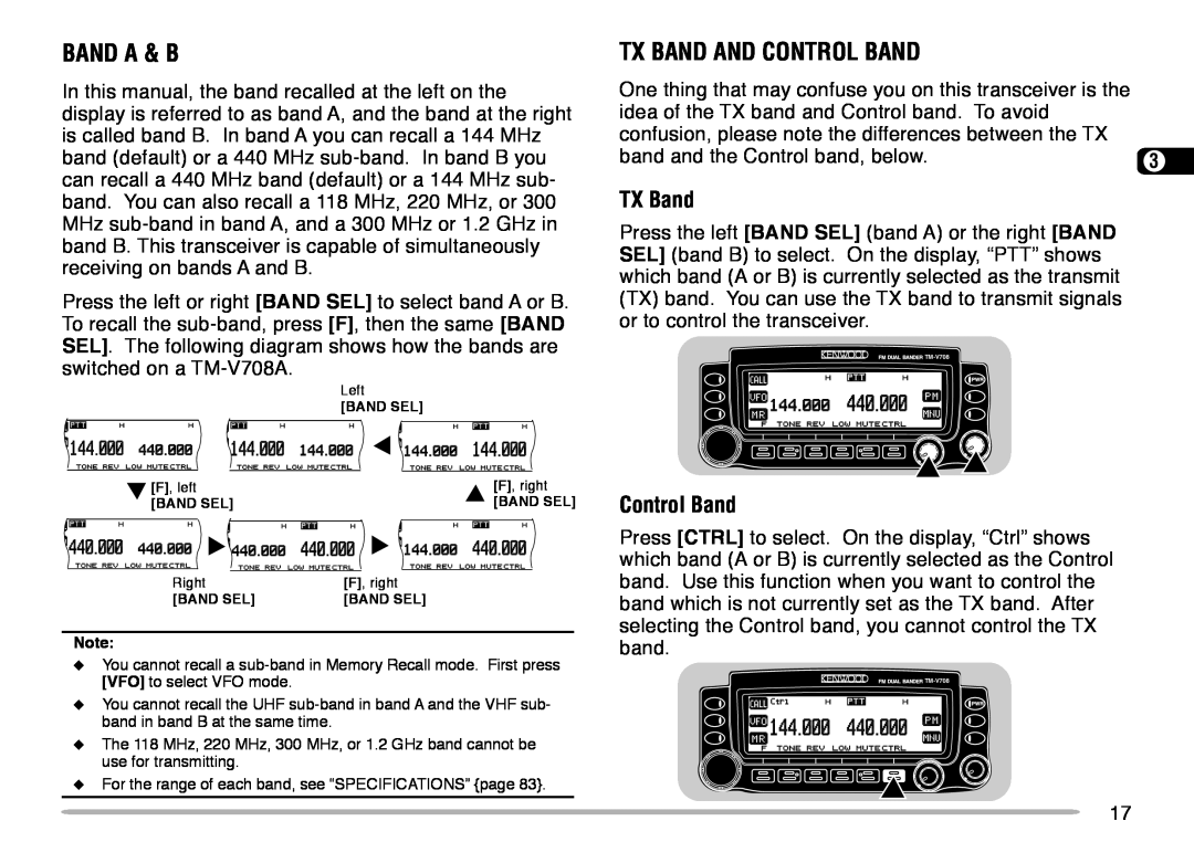 Kenwood TM-V708A instruction manual Band A & B, Tx Band And Control Band, TX Band 