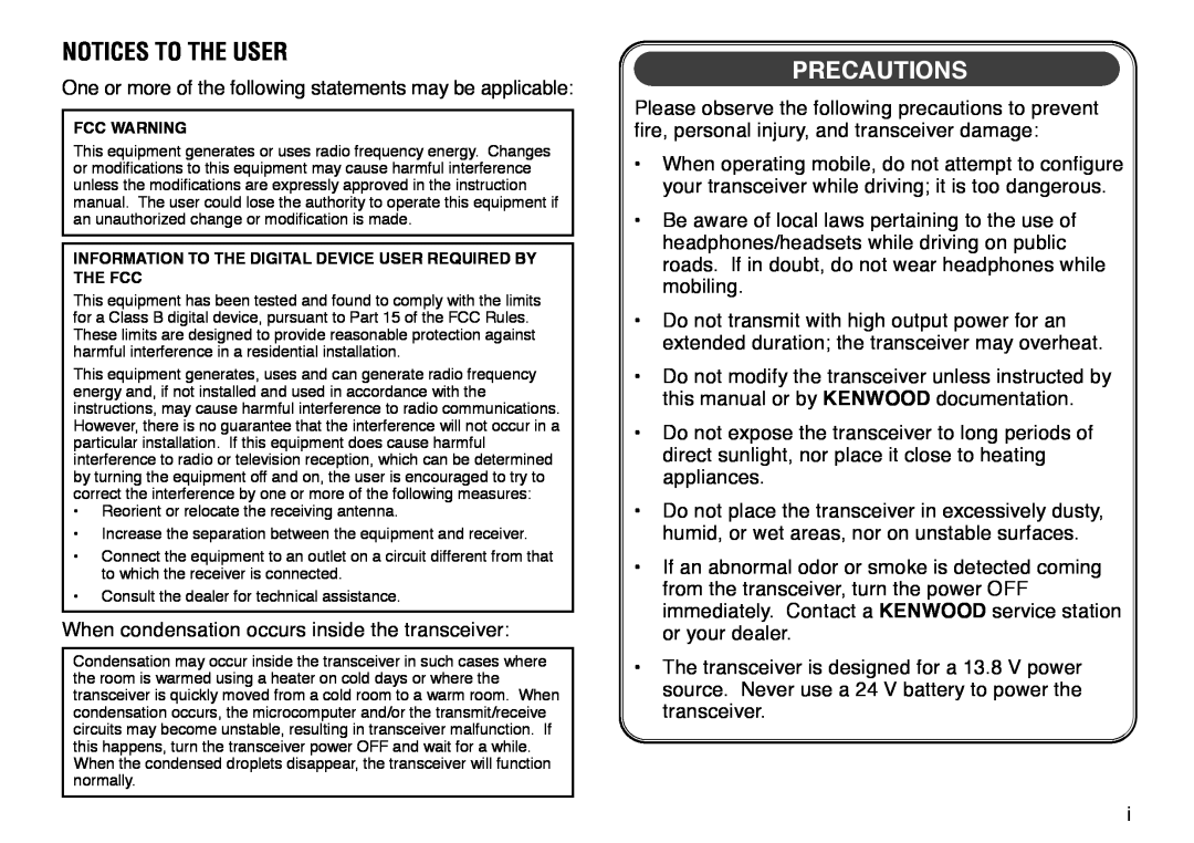 Kenwood TM-V708A instruction manual Notices To The User, Precautions 