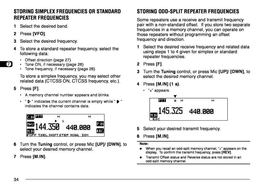 Kenwood TM-V708A instruction manual Storing Odd-Splitrepeater Frequencies, 4Press M.IN 1 s 