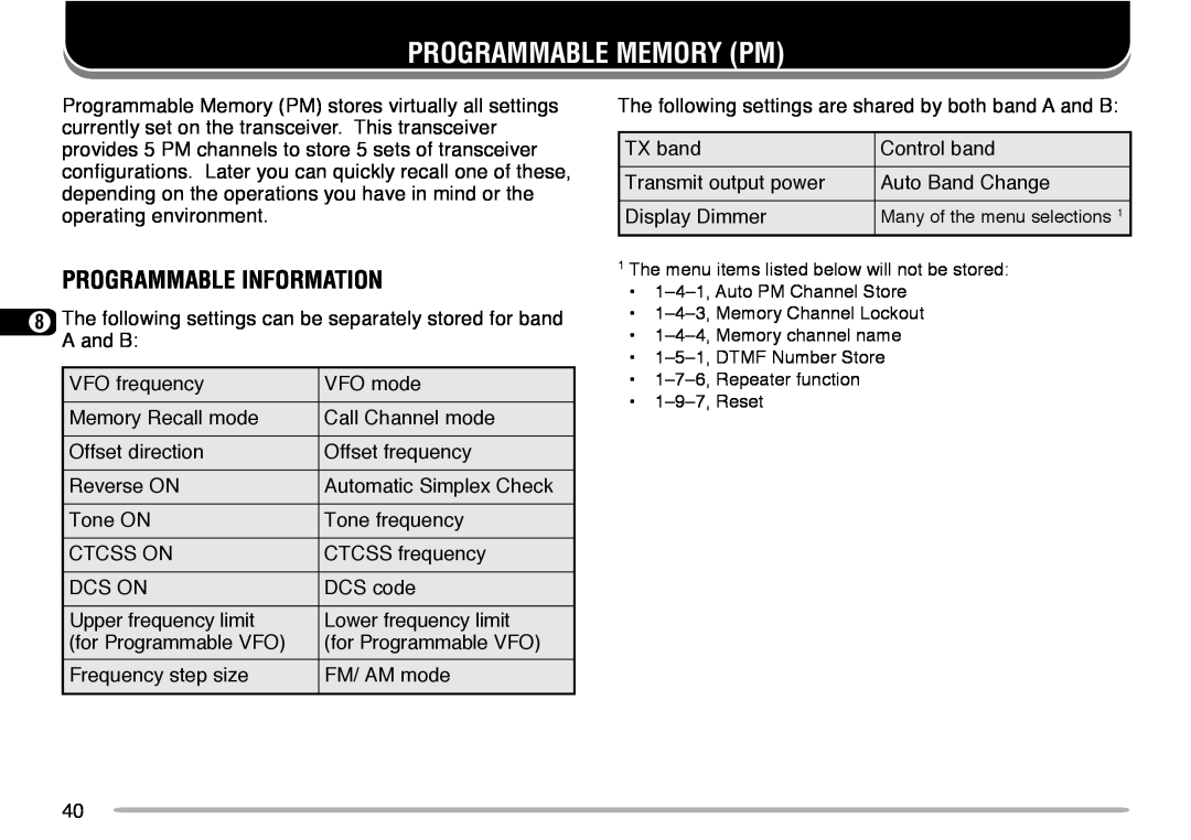Kenwood TM-V708A instruction manual Programmable Memory Pm, Programmable Information 