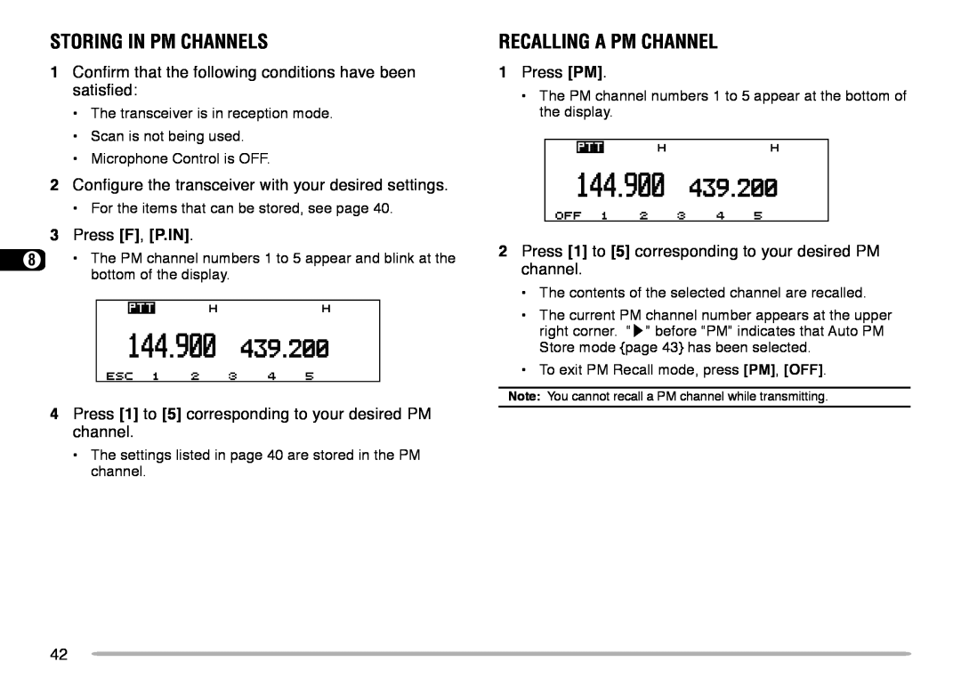 Kenwood TM-V708A instruction manual Storing In Pm Channels, Recalling A Pm Channel, Press F, P.IN 